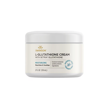The Swanson L-Glutathione Cream with Setria Glutathione, 59ml, is a moisturizing, paraben-free formula featuring botanical ingredients and advanced skincare methods in a white jar for a nourishing touch.